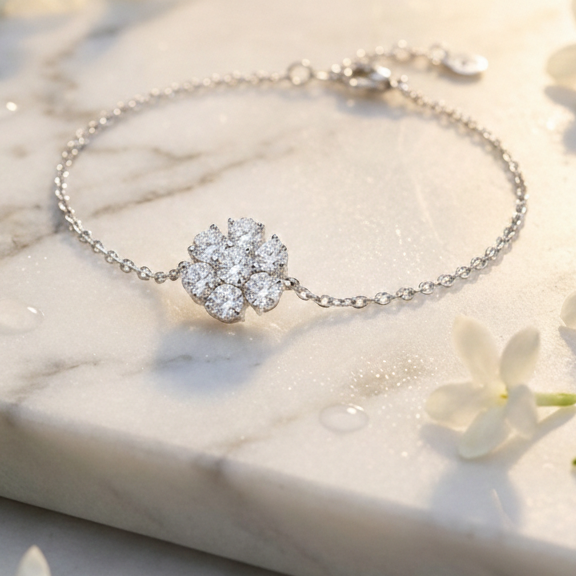 Floral Seven-Stone Adjustable Bracelet in 925 Sterling Silver