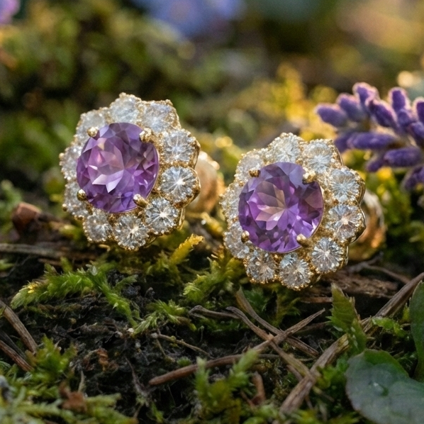 Amethyst Bloom Floral Halo Stud Earrings – 925 Sterling Silver