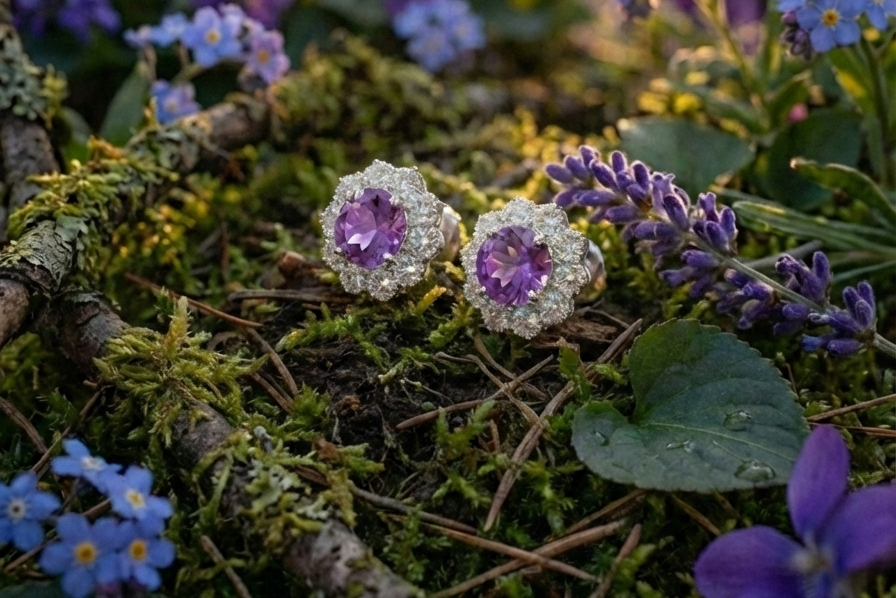 Amethyst Bloom Floral Halo Stud Earrings – 925 Sterling Silver