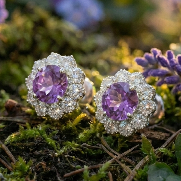 Amethyst Bloom Floral Halo Stud Earrings – 925 Sterling Silver