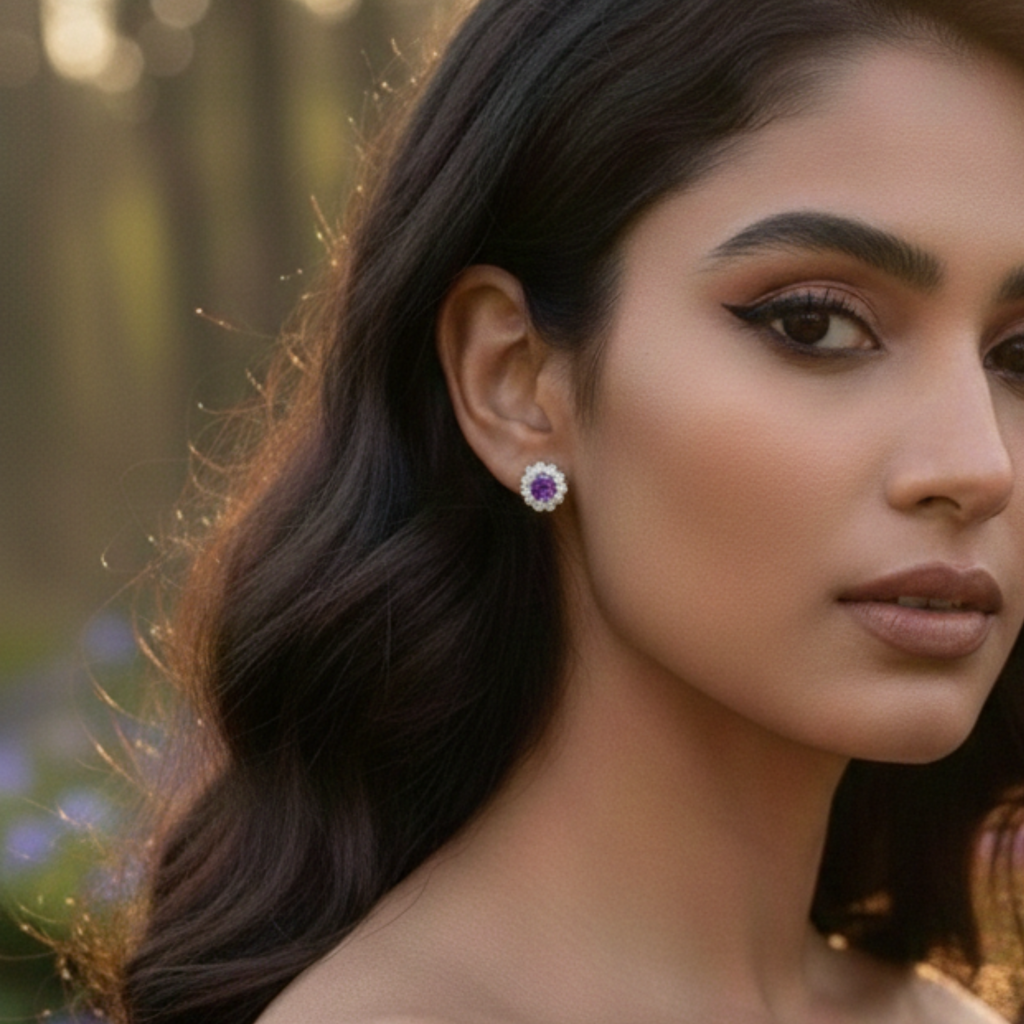 Amethyst Bloom Floral Halo Stud Earrings – 925 Sterling Silver