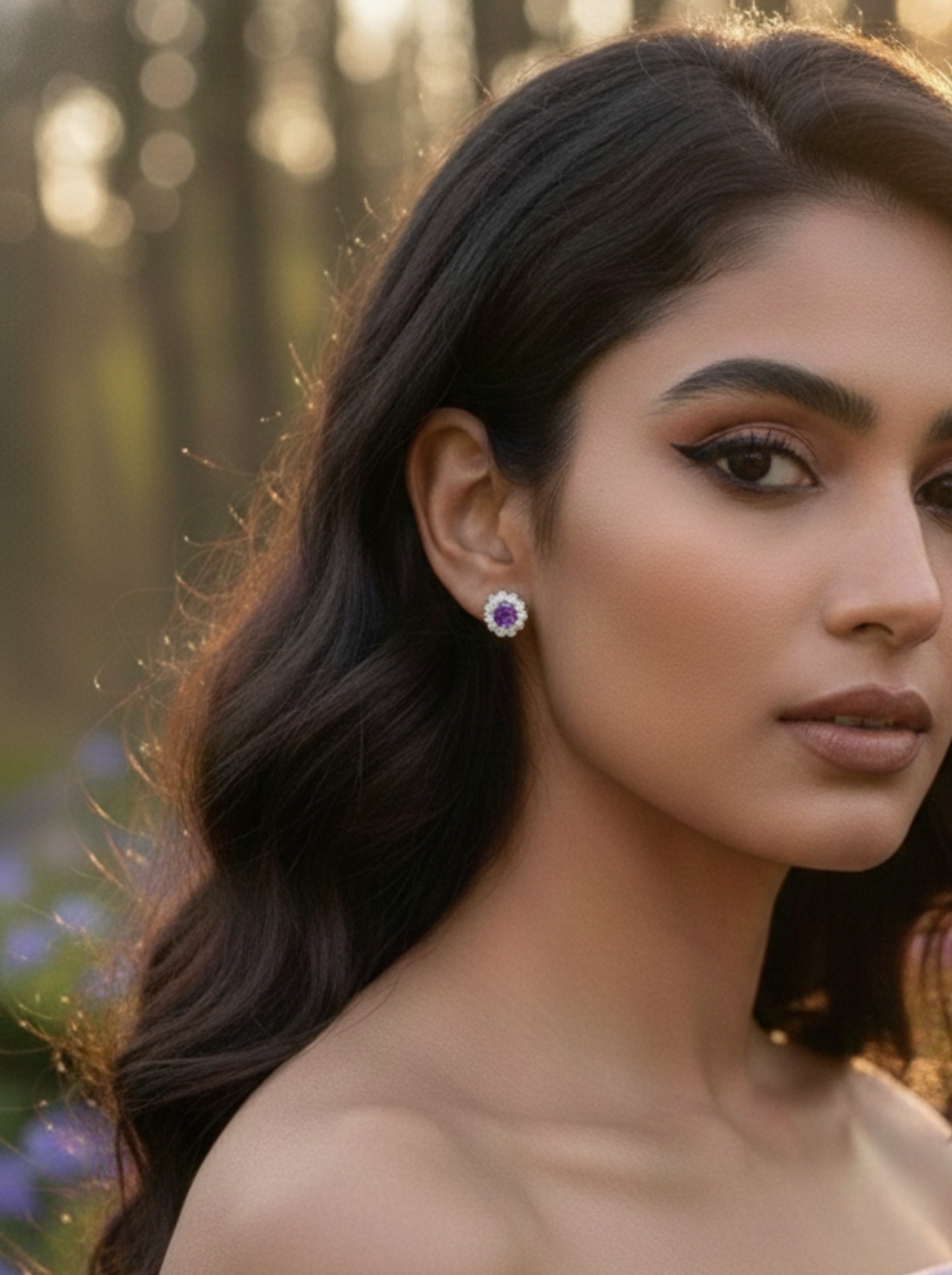 Amethyst Bloom Floral Halo Stud Earrings – 925 Sterling Silver