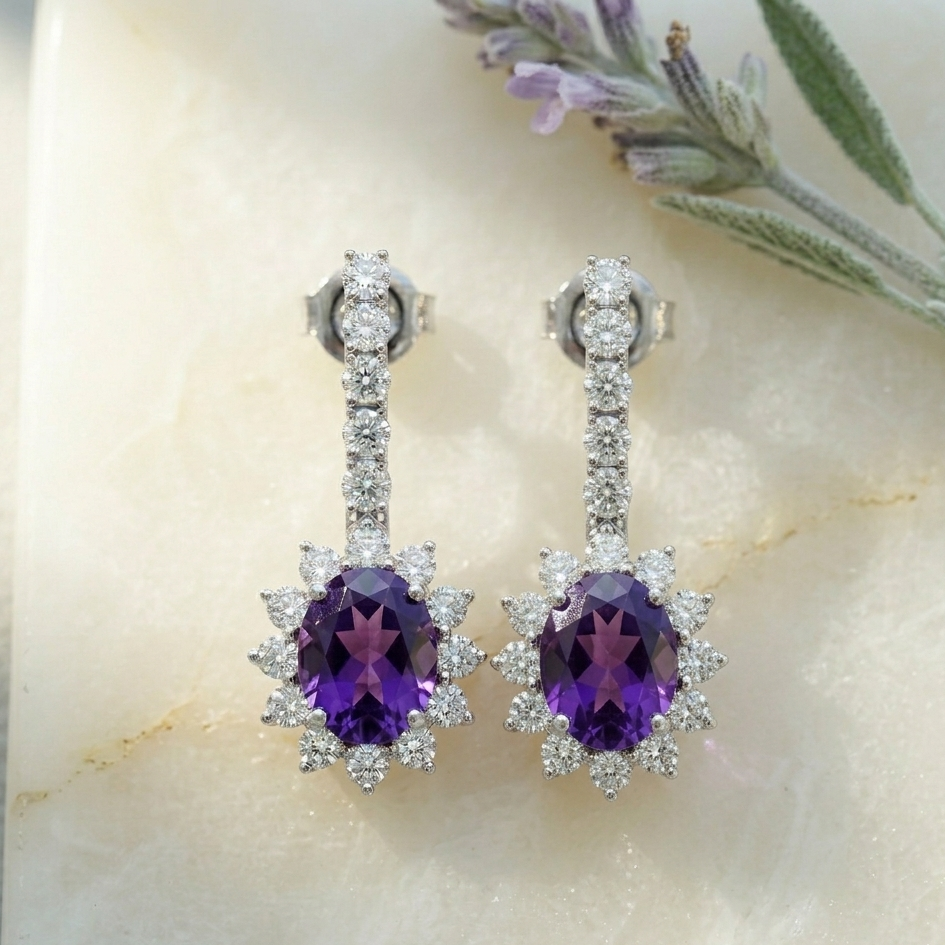Regal Amethyst Halo Drop Earrings - 925 Sterling Silver