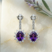 Regal Amethyst Halo Drop Earrings - 925 Sterling Silver