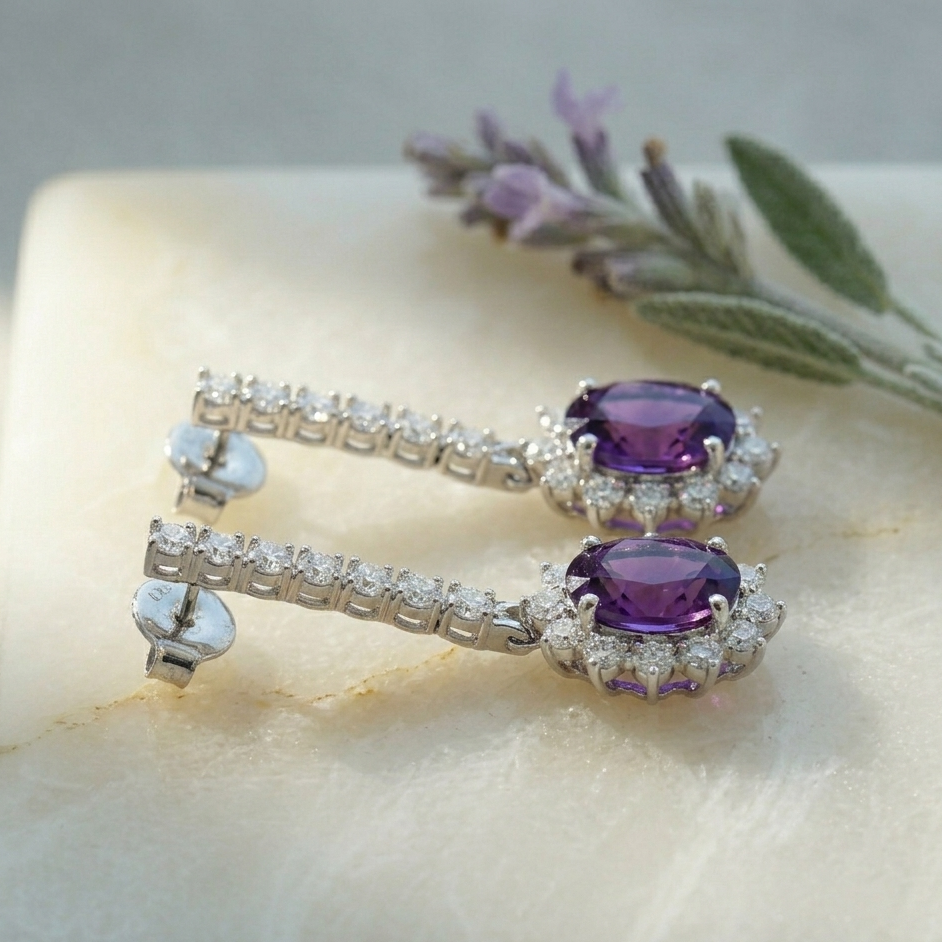 Regal Amethyst Halo Drop Earrings - 925 Sterling Silver