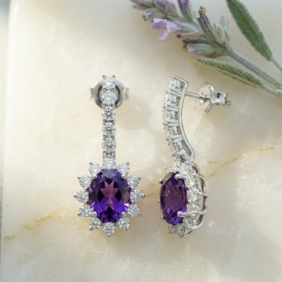 Regal Amethyst Halo Drop Earrings - 925 Sterling Silver