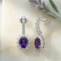 Regal Amethyst Halo Drop Earrings - 925 Sterling Silver