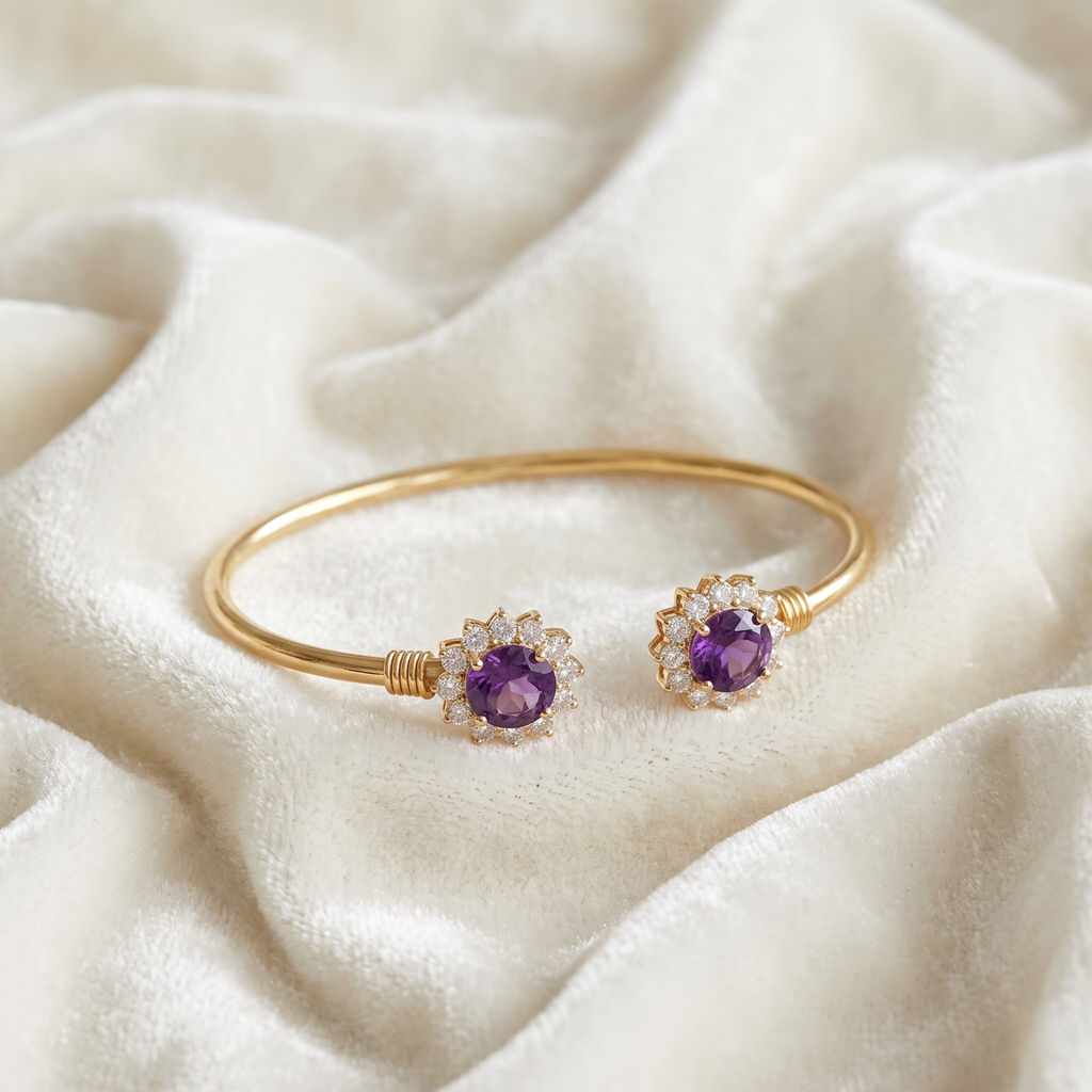 Natural Amethyst Floral Halo Adjustable Cuff Bracelet in Gold-Plated 925 Sterling Silver