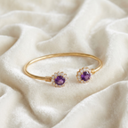 Natural Amethyst Floral Halo Adjustable Cuff Bracelet in Gold-Plated 925 Sterling Silver