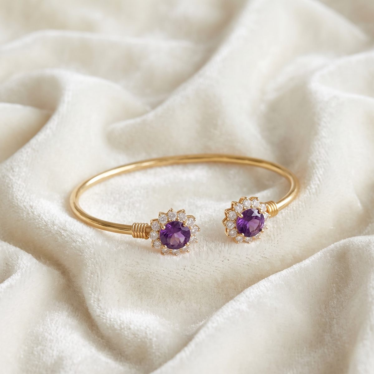 Natural Amethyst Floral Halo Adjustable Cuff Bracelet in Gold-Plated 925 Sterling Silver