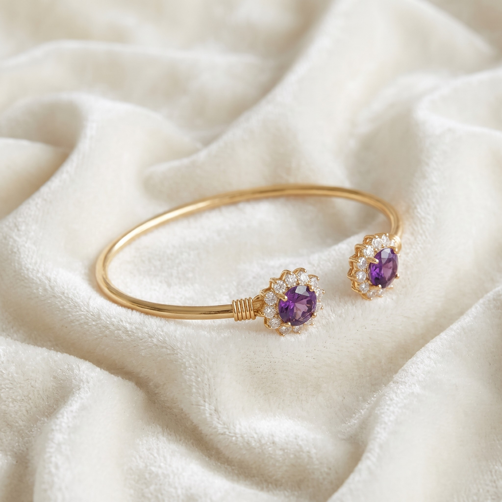 Natural Amethyst Floral Halo Adjustable Cuff Bracelet in Gold-Plated 925 Sterling Silver