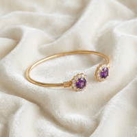 Natural Amethyst Floral Halo Adjustable Cuff Bracelet in Gold-Plated 925 Sterling Silver