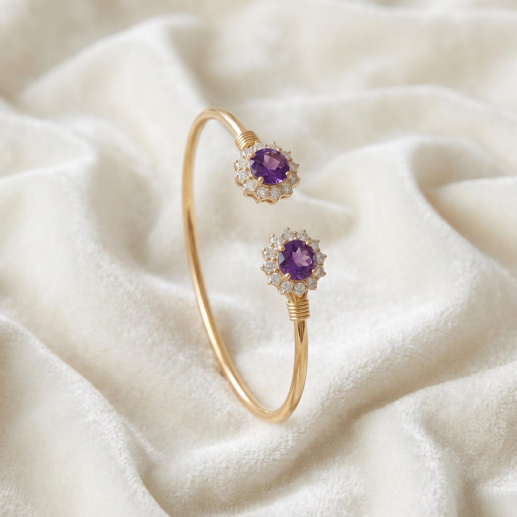 Natural Amethyst Floral Halo Adjustable Cuff Bracelet in Gold-Plated 925 Sterling Silver