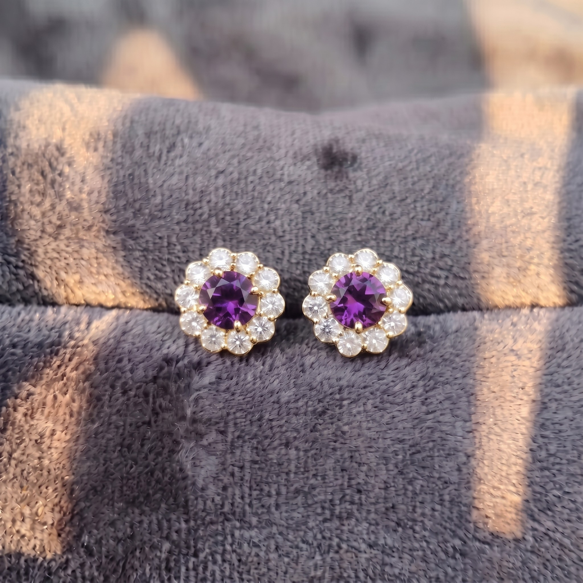 Amethyst Bloom Floral Halo Stud Earrings – 925 Sterling Silver