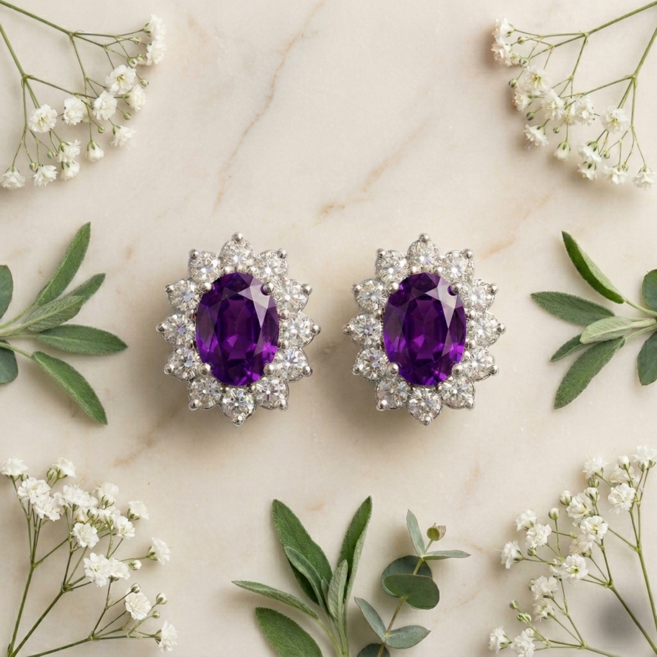 Regal Amethyst Oval Halo Studs - 925 Sterling Silver