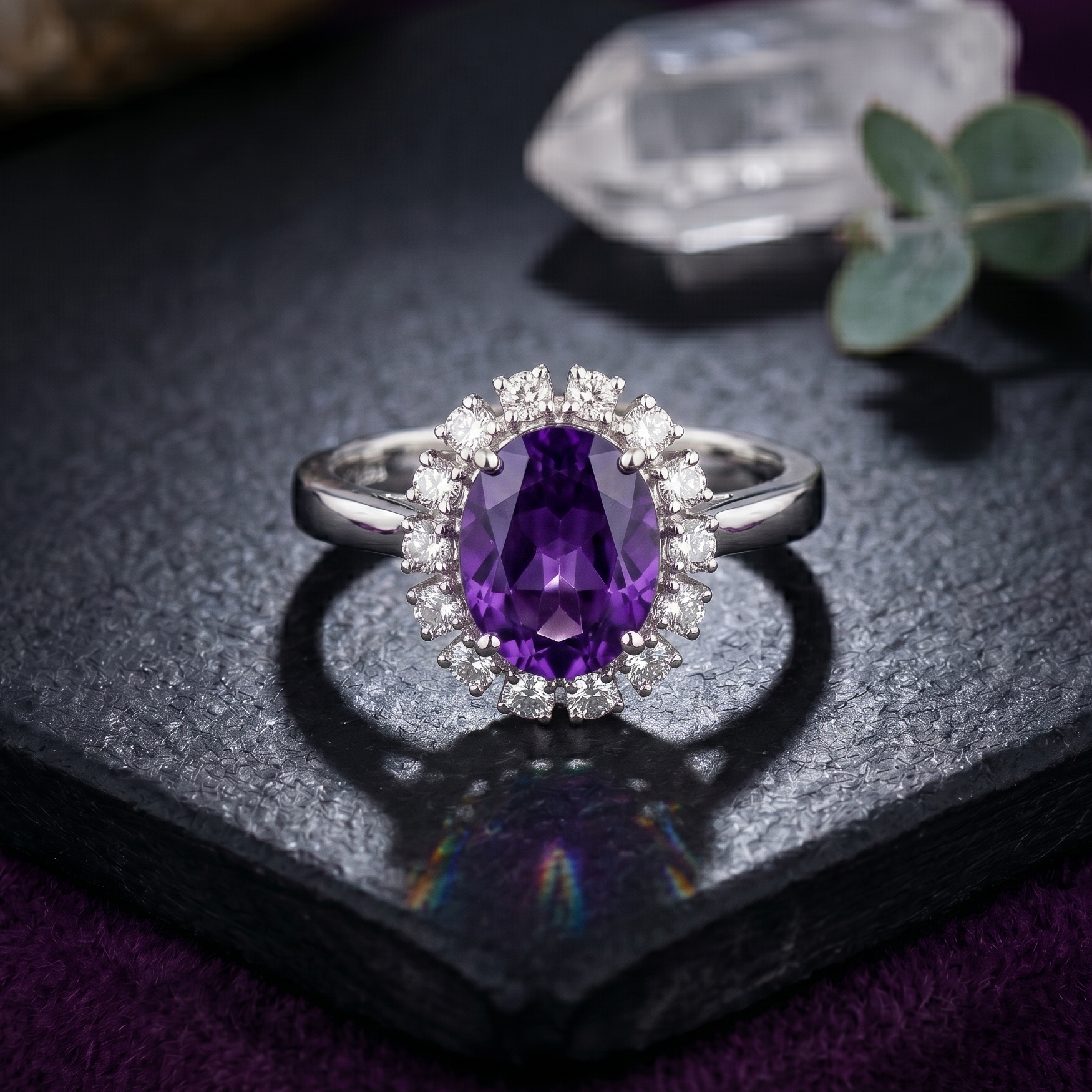 Oval Amethyst Halo Ring in 925 Sterling Silver
