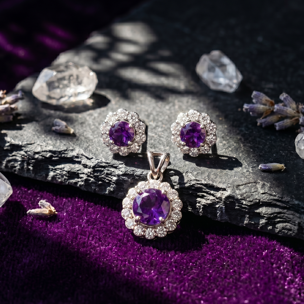 Amethyst Halo Pendant Set in 925 Sterling Silver