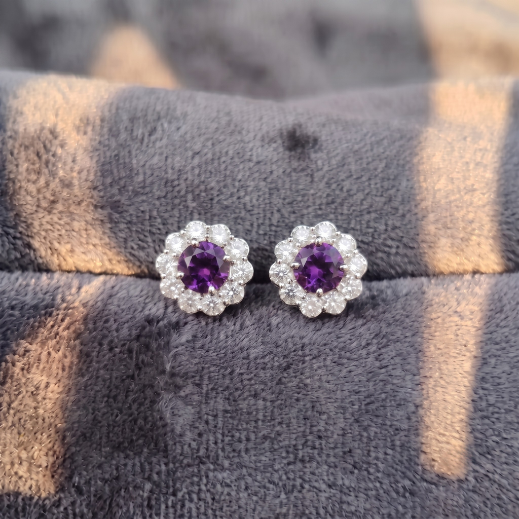 Amethyst Bloom Floral Halo Stud Earrings – 925 Sterling Silver