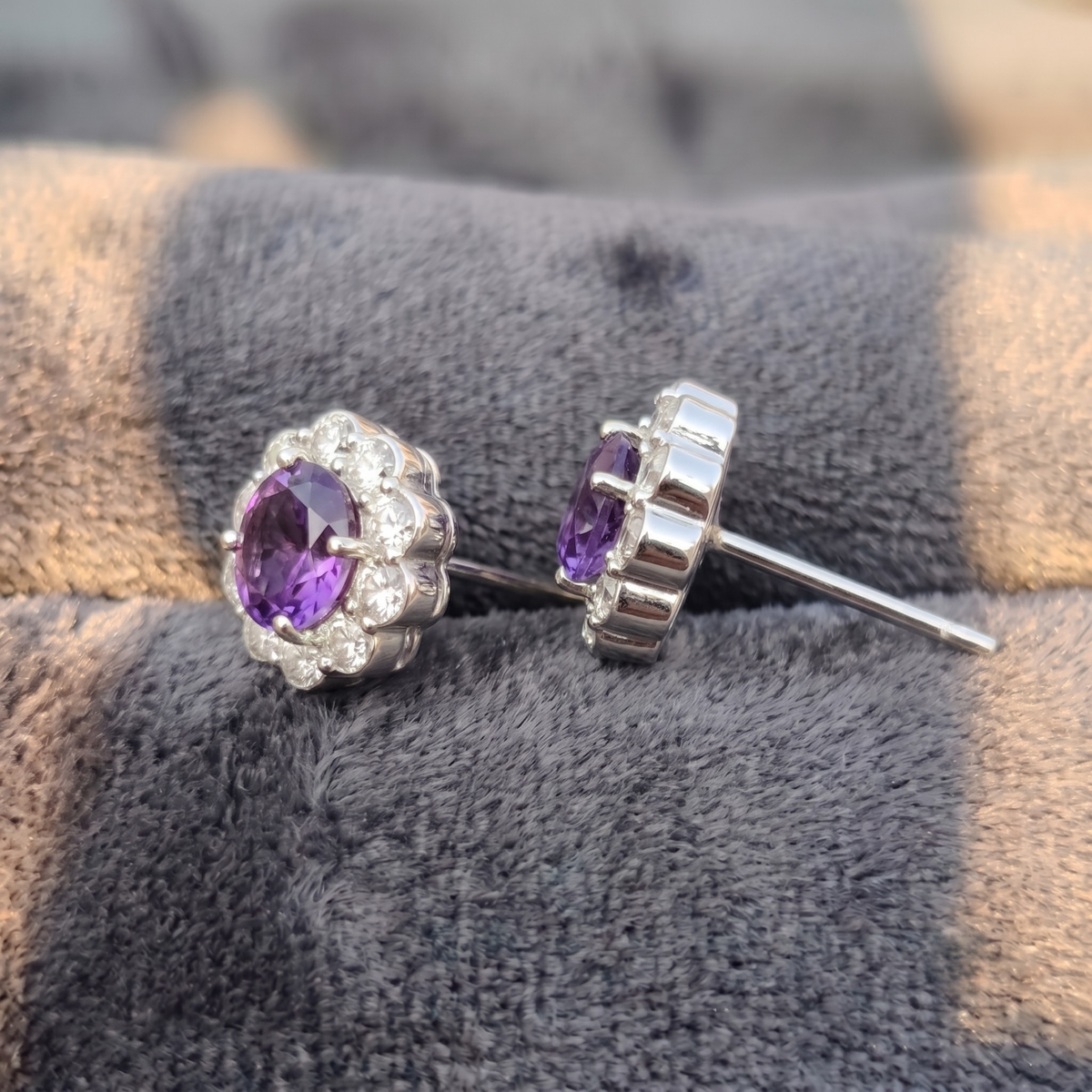 Amethyst Bloom Floral Halo Stud Earrings – 925 Sterling Silver
