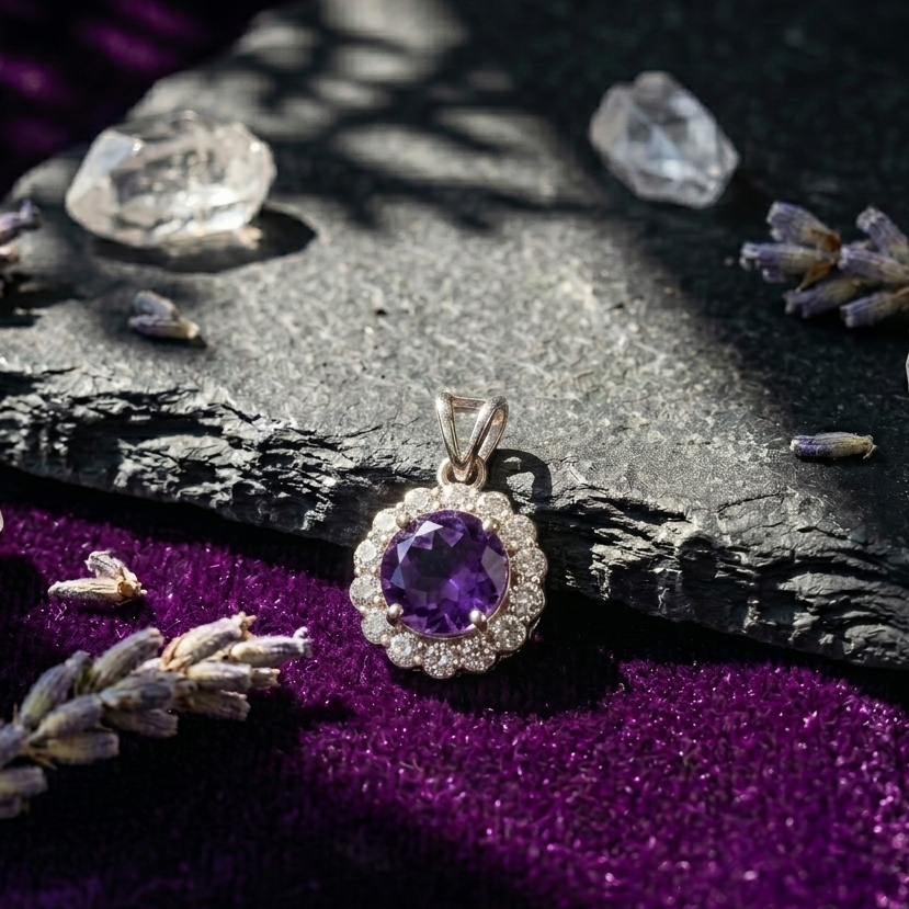 Amethyst Halo Pendant Set in 925 Sterling Silver