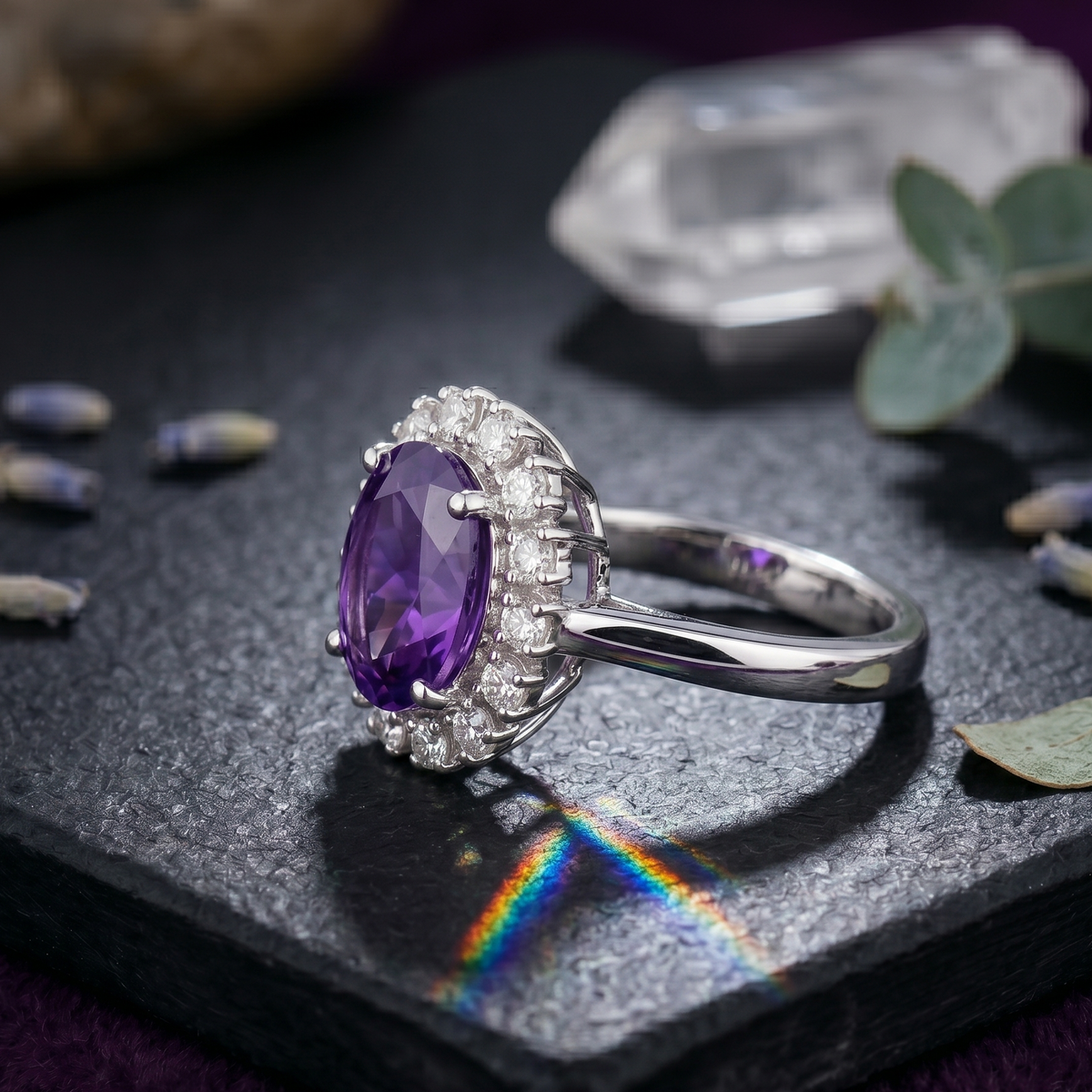Oval Amethyst Halo Ring in 925 Sterling Silver