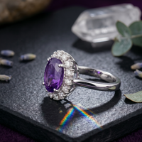 Oval Amethyst Halo Ring in 925 Sterling Silver
