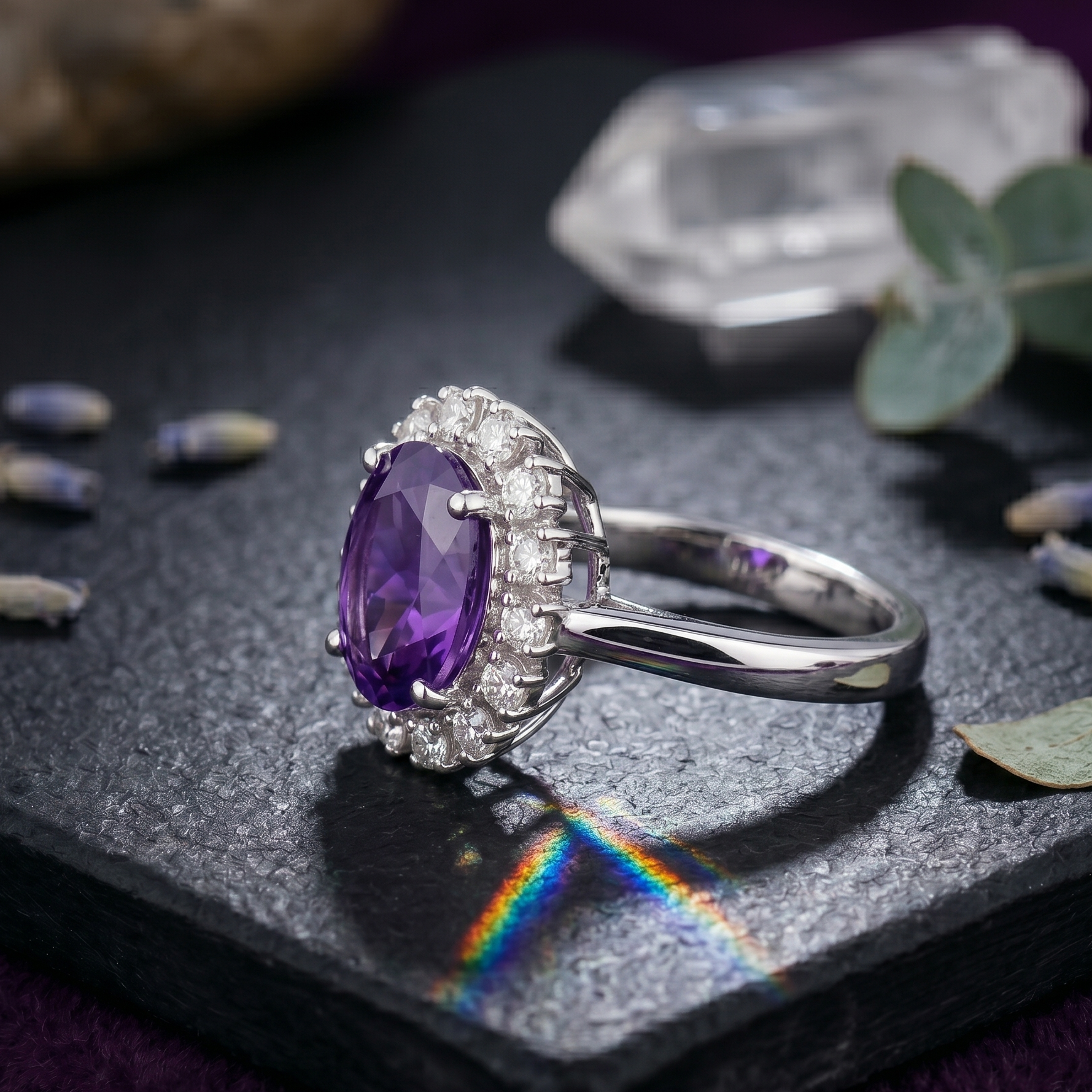 Oval Amethyst Halo Ring in 925 Sterling Silver