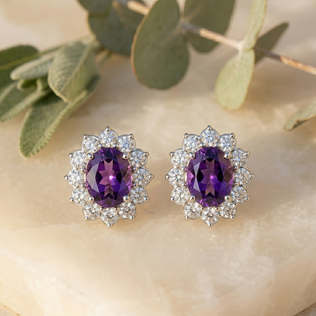 Regal Amethyst Oval Halo Studs - 925 Sterling Silver