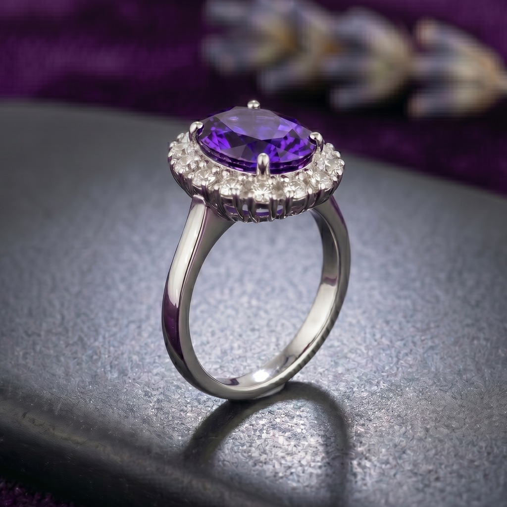 Oval Amethyst Halo Ring in 925 Sterling Silver