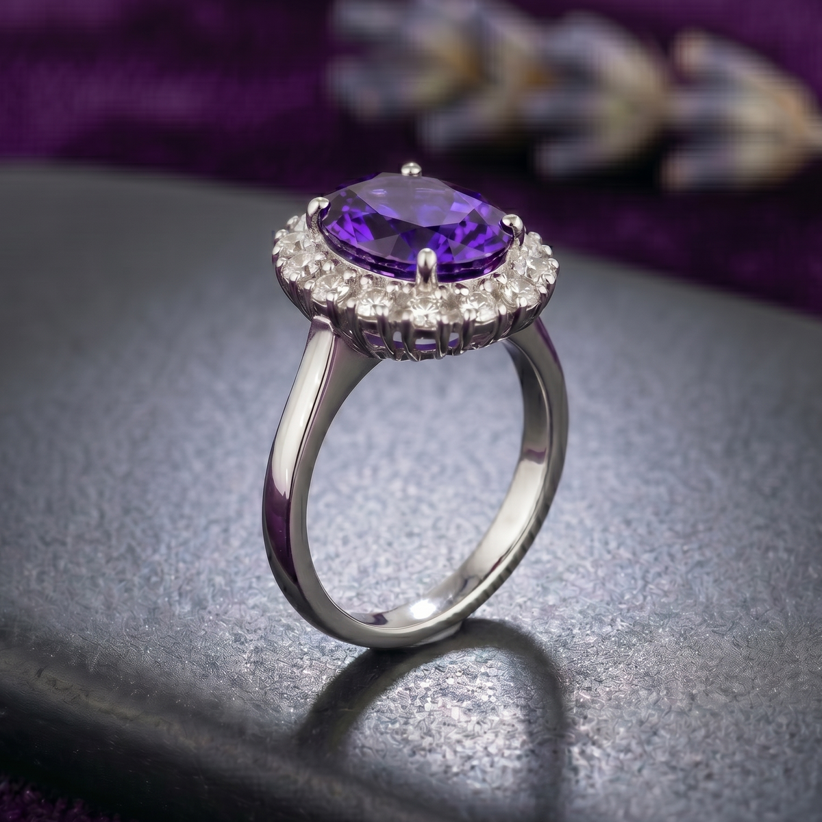 Oval Amethyst Halo Ring in 925 Sterling Silver