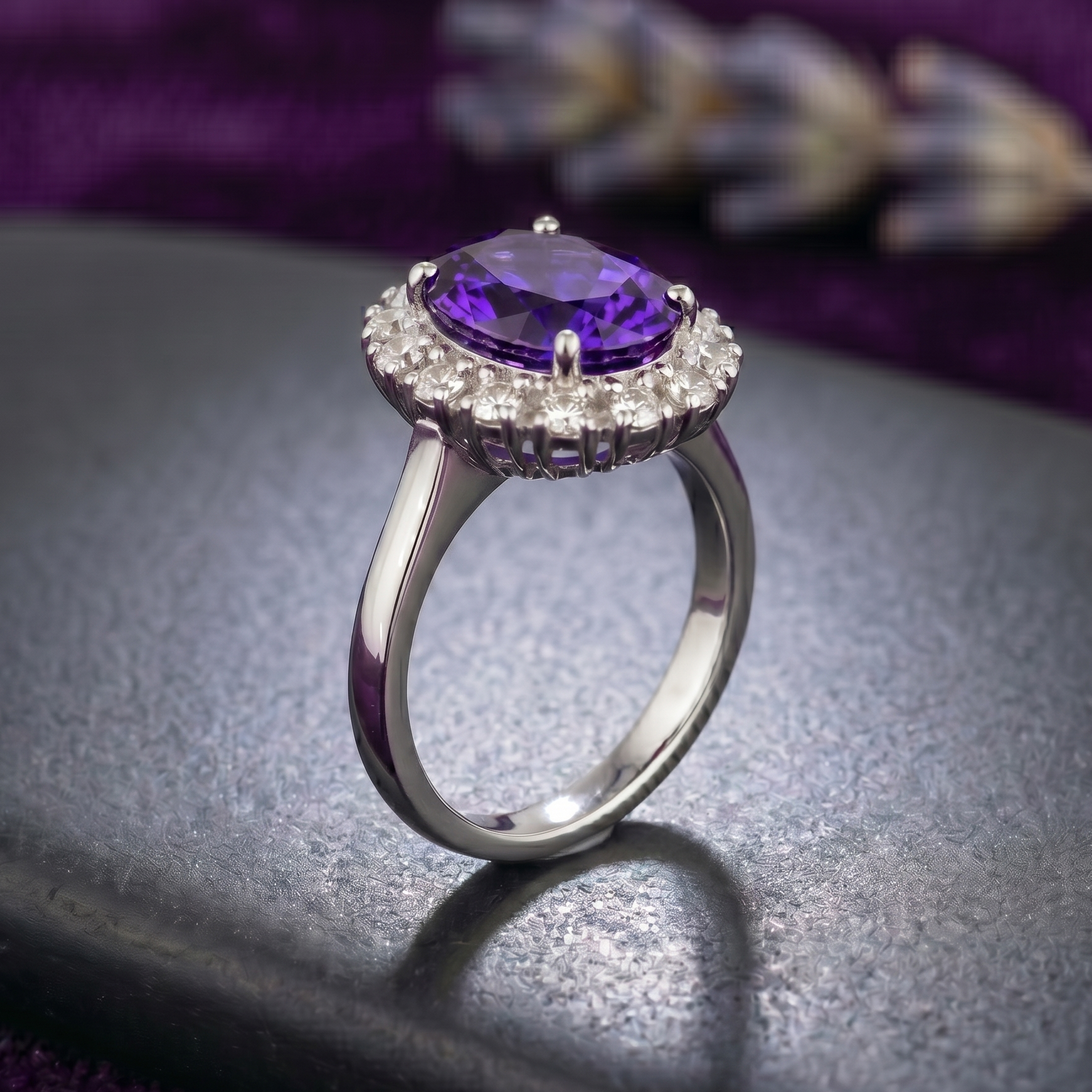 Oval Amethyst Halo Ring in 925 Sterling Silver