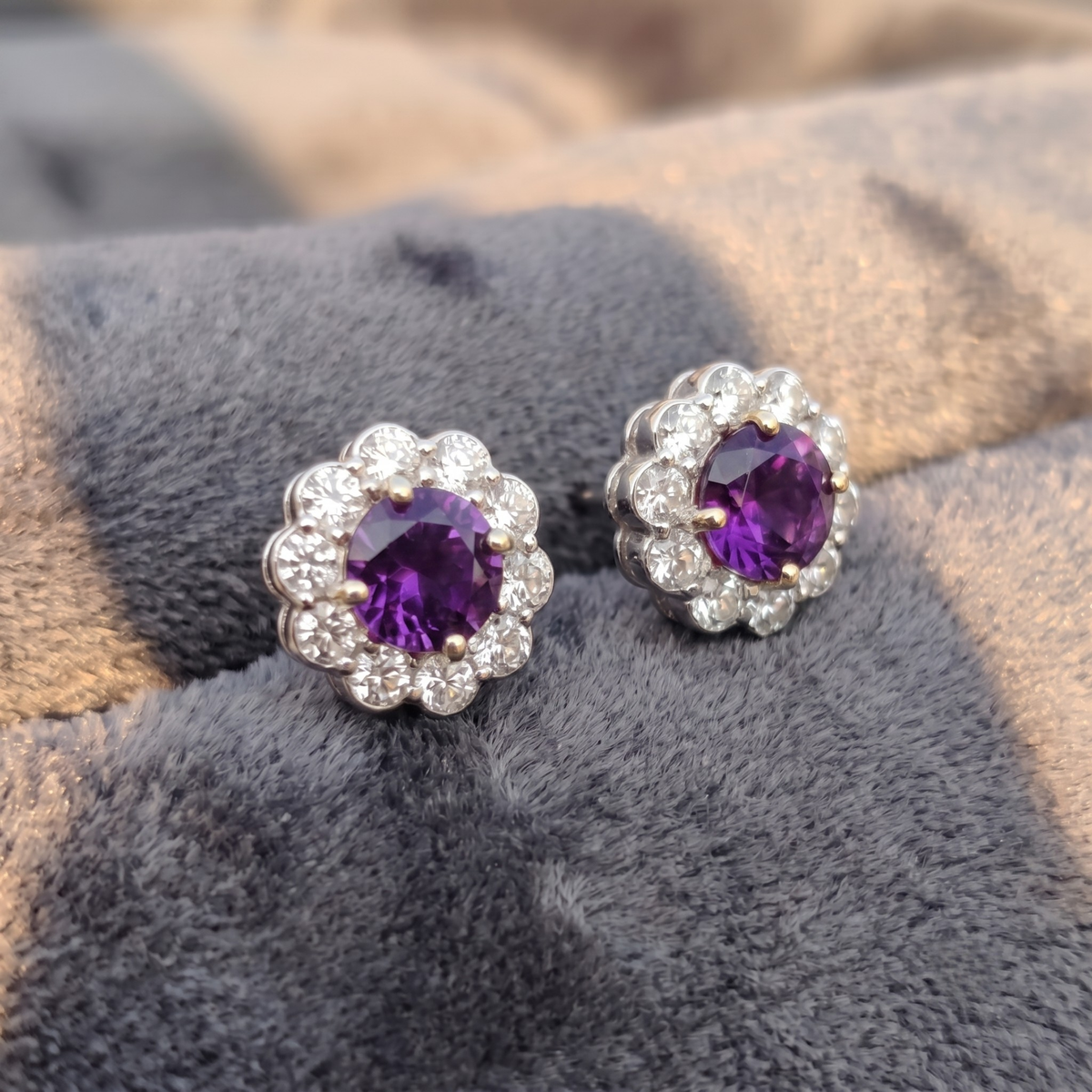 Amethyst Bloom Floral Halo Stud Earrings – 925 Sterling Silver