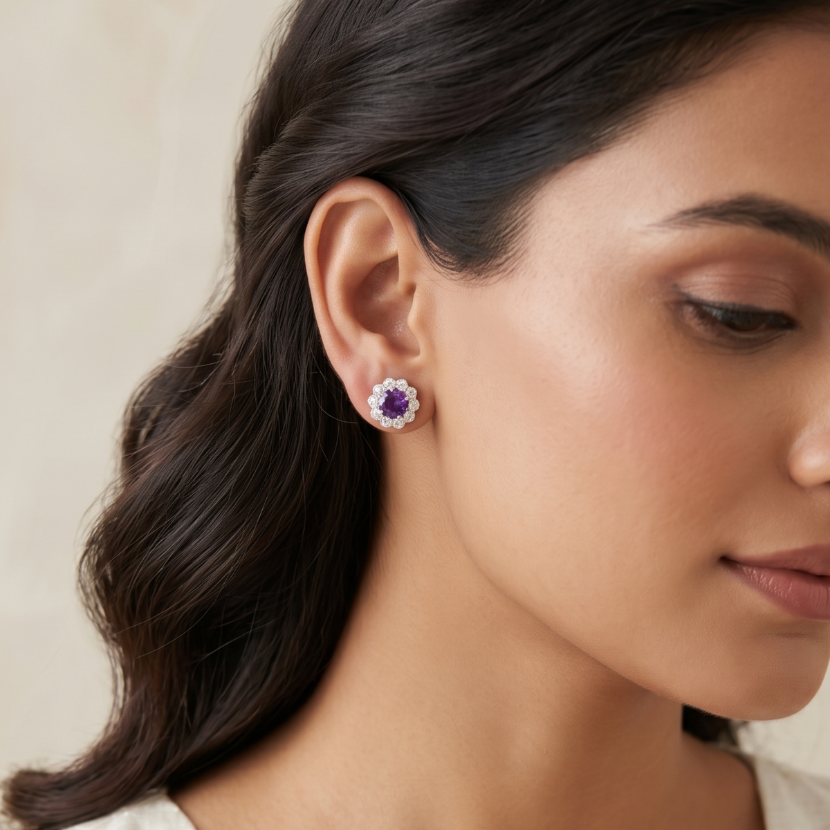Amethyst Bloom Floral Halo Stud Earrings – 925 Sterling Silver