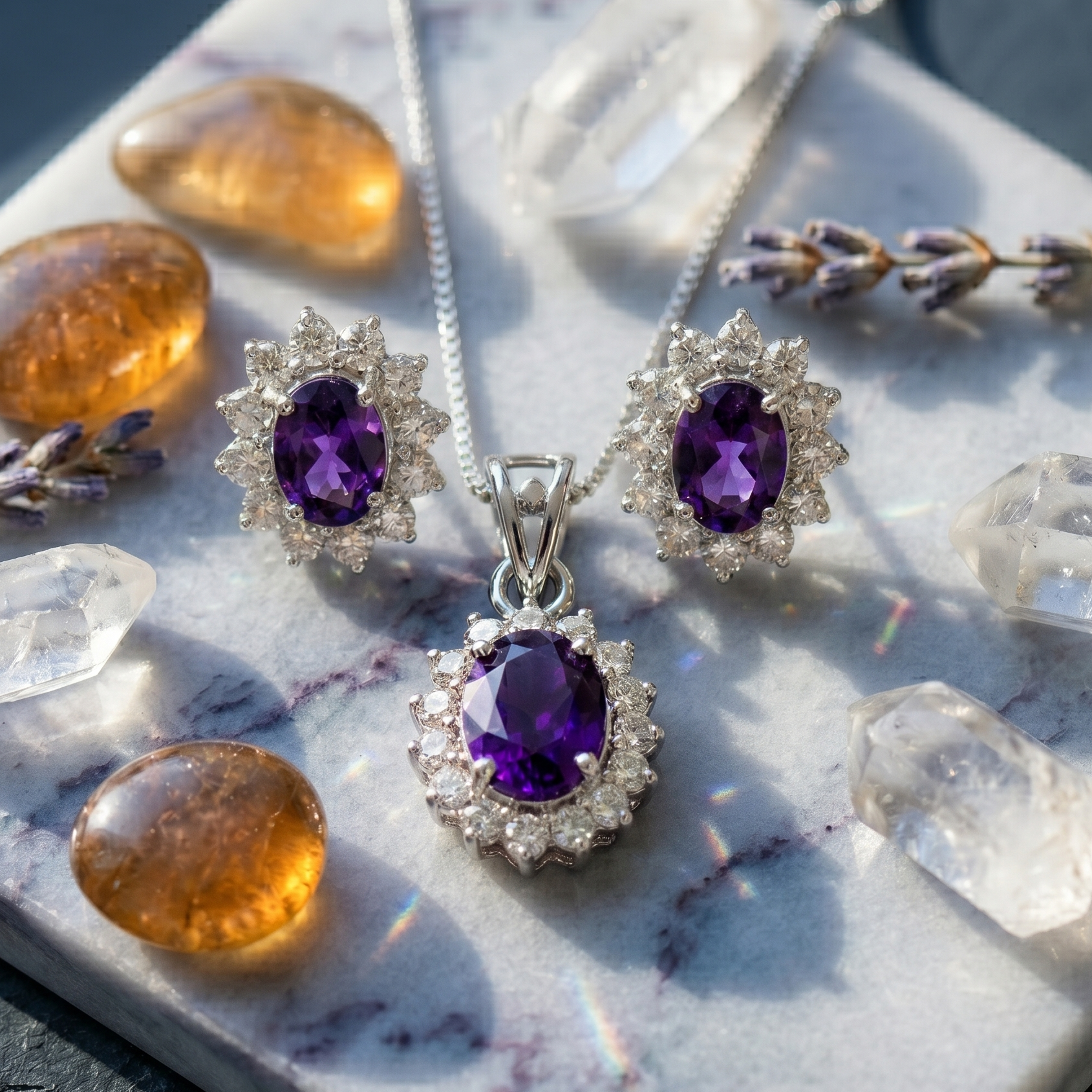Oval Amethyst Halo Pendant Set in 925 Sterling Silver