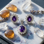Oval Amethyst Halo Pendant Set in 925 Sterling Silver