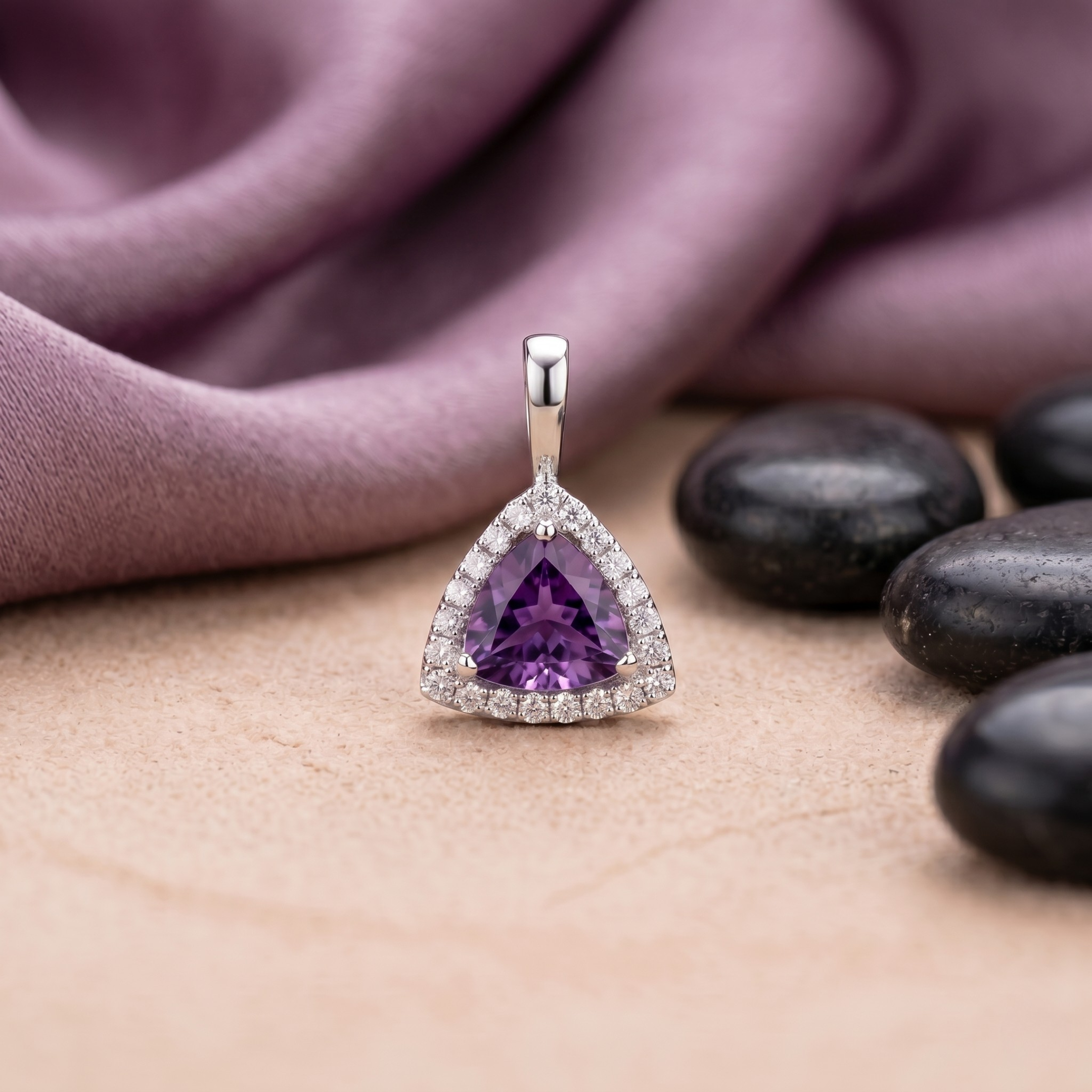 Trillion Cut Amethyst Halo Pendant in 925 Sterling Silver