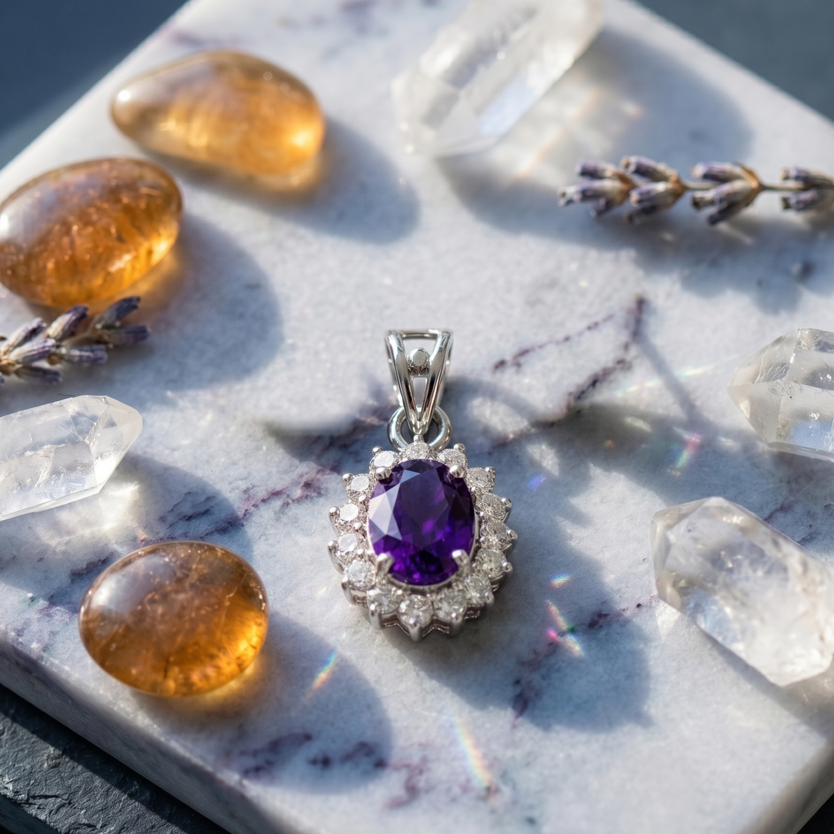 Oval Amethyst Halo Pendant Set in 925 Sterling Silver