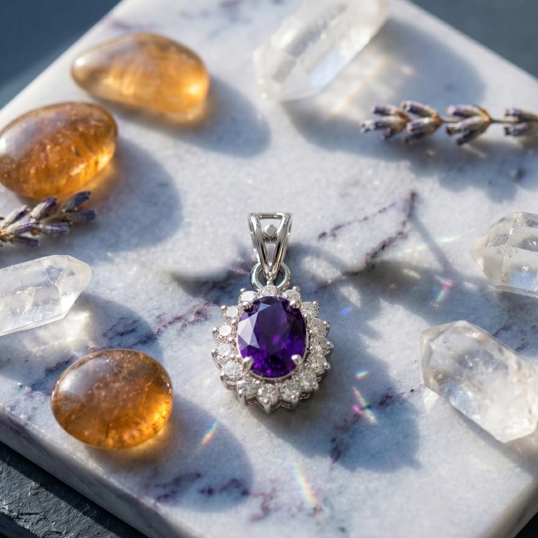 Oval Amethyst Halo Pendant Set in 925 Sterling Silver