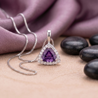 Trillion Cut Amethyst Halo Pendant in 925 Sterling Silver