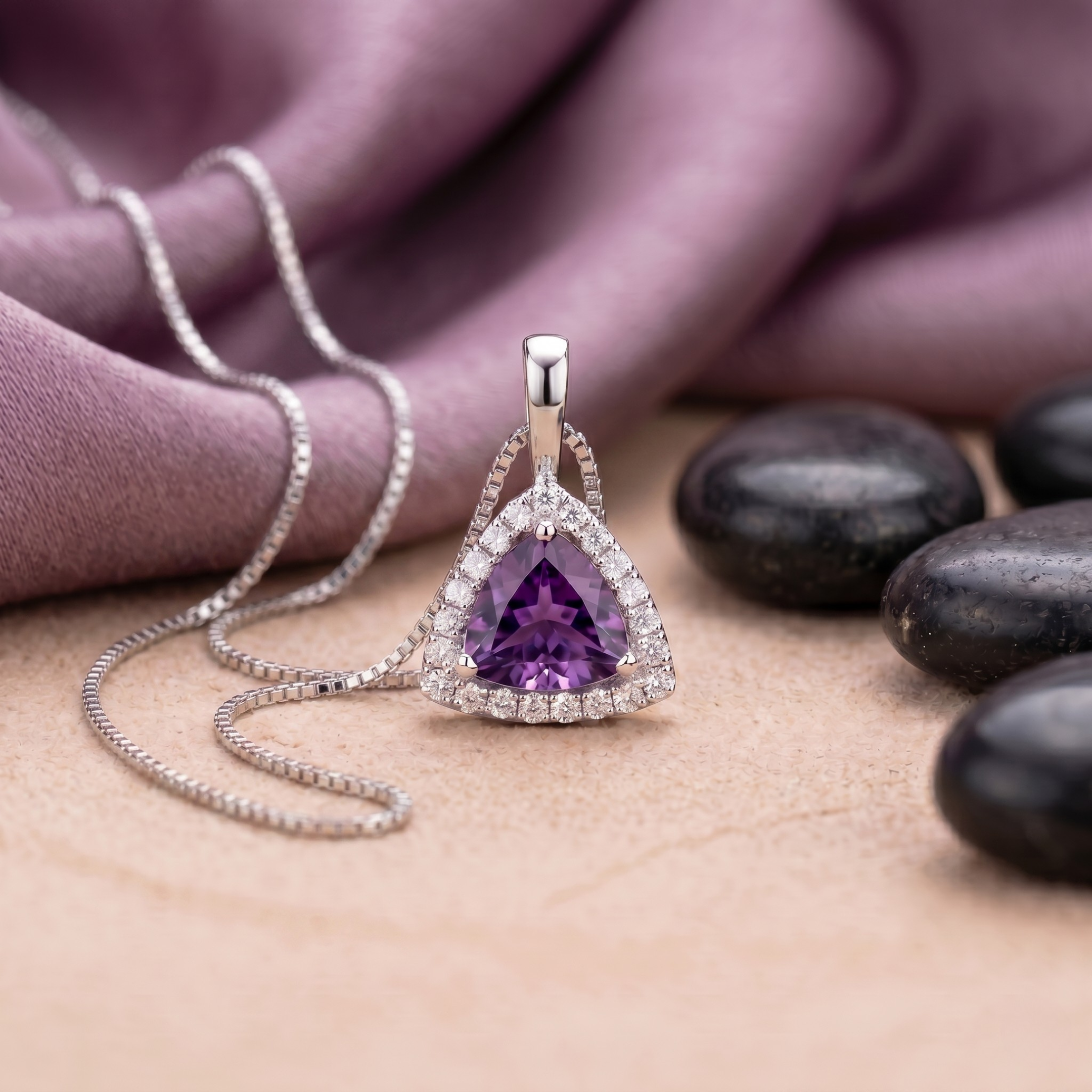 Trillion Cut Amethyst Halo Pendant in 925 Sterling Silver