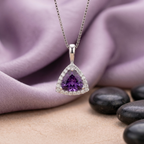 Trillion Cut Amethyst Halo Pendant in 925 Sterling Silver
