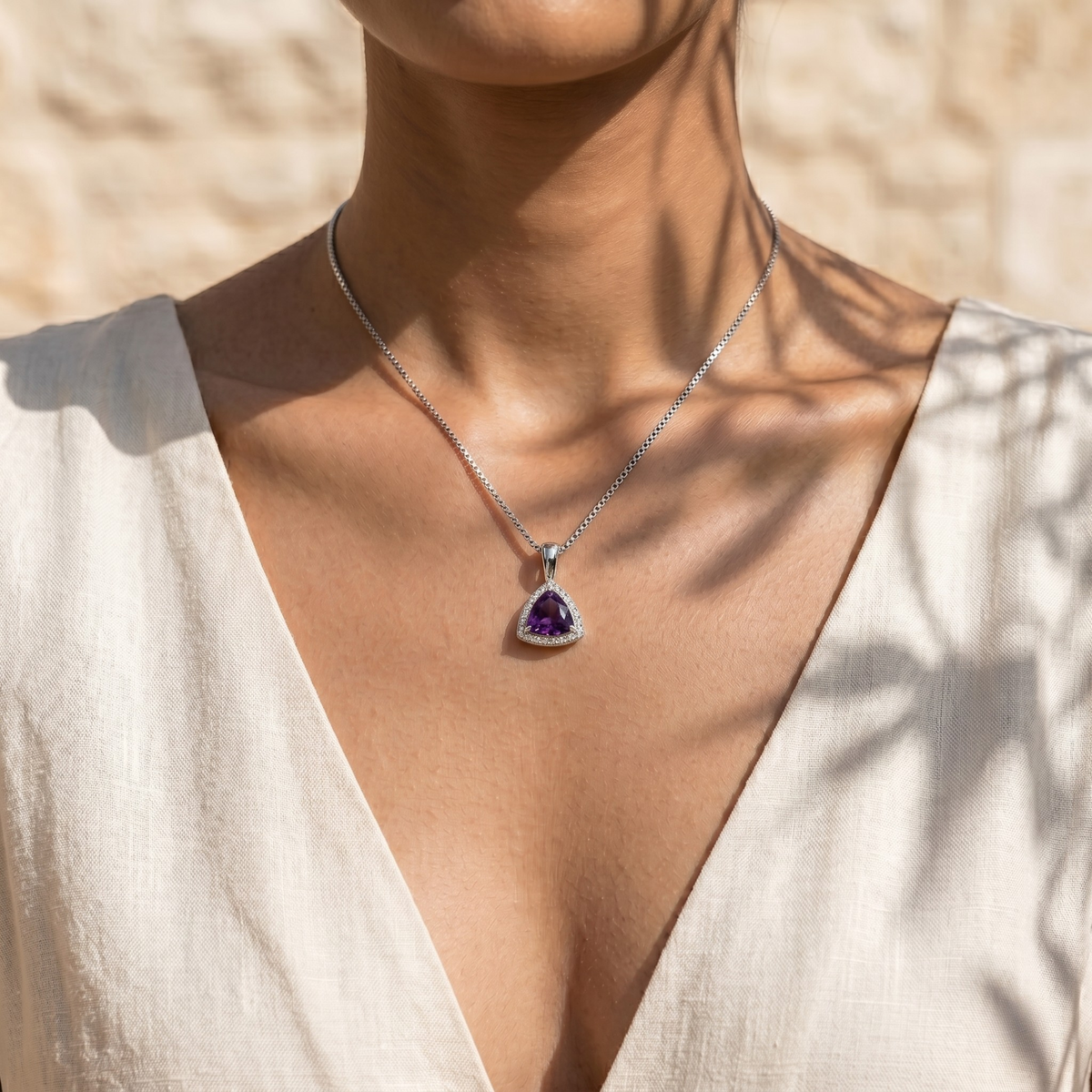Trillion Cut Amethyst Halo Pendant in 925 Sterling Silver