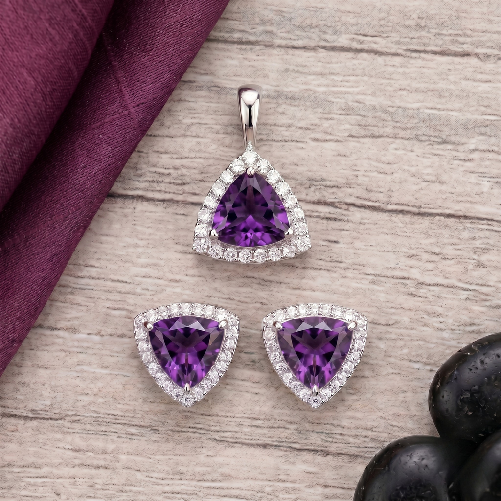 Trillion Cut Amethyst Halo Pendant Set in 925 Sterling Silver
