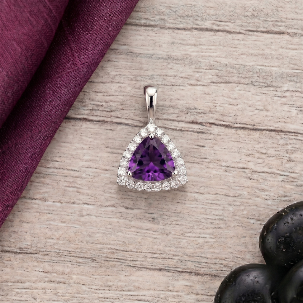 Trillion Cut Amethyst Halo Pendant Set in 925 Sterling Silver