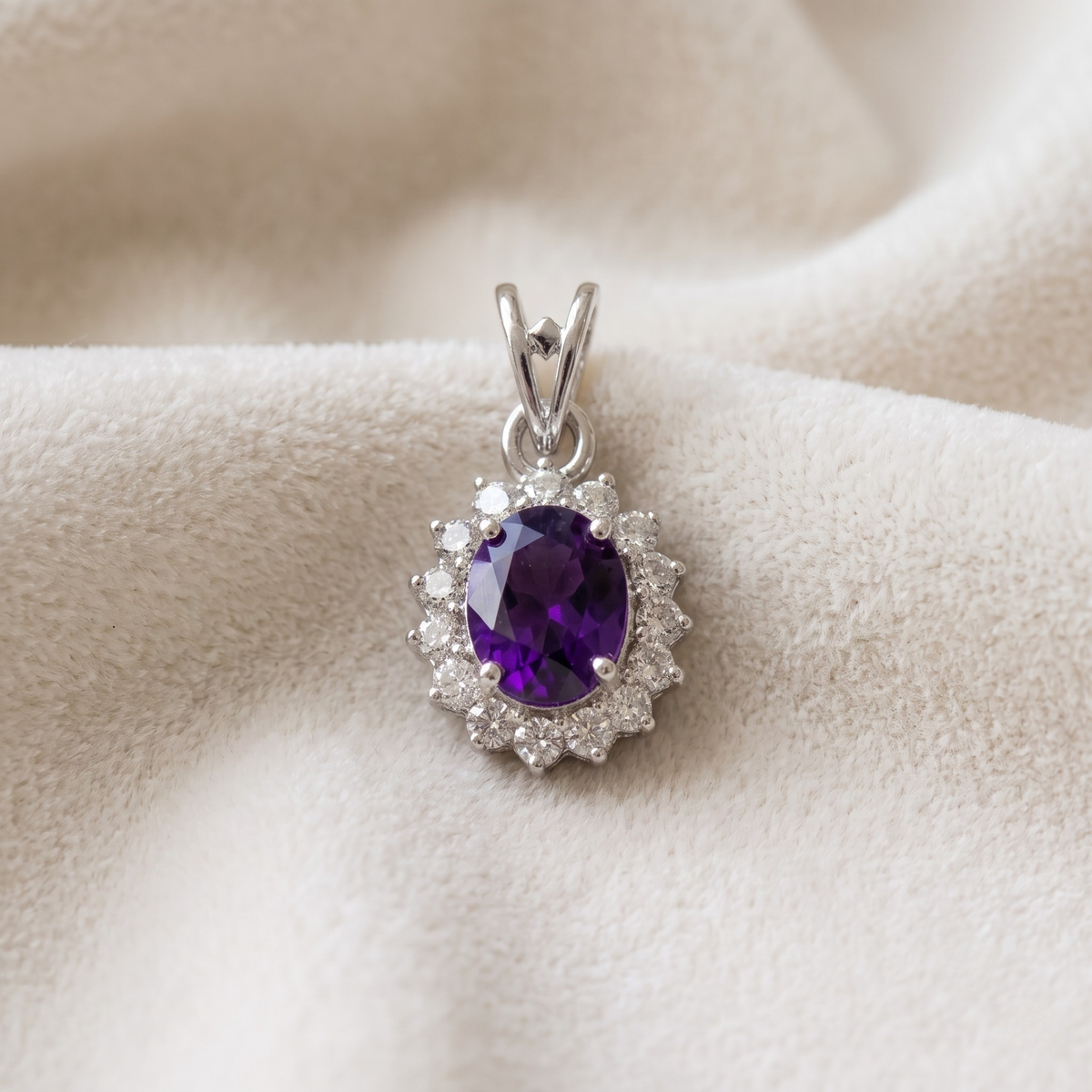 Oval Amethyst Halo Pendant Set in 925 Sterling Silver