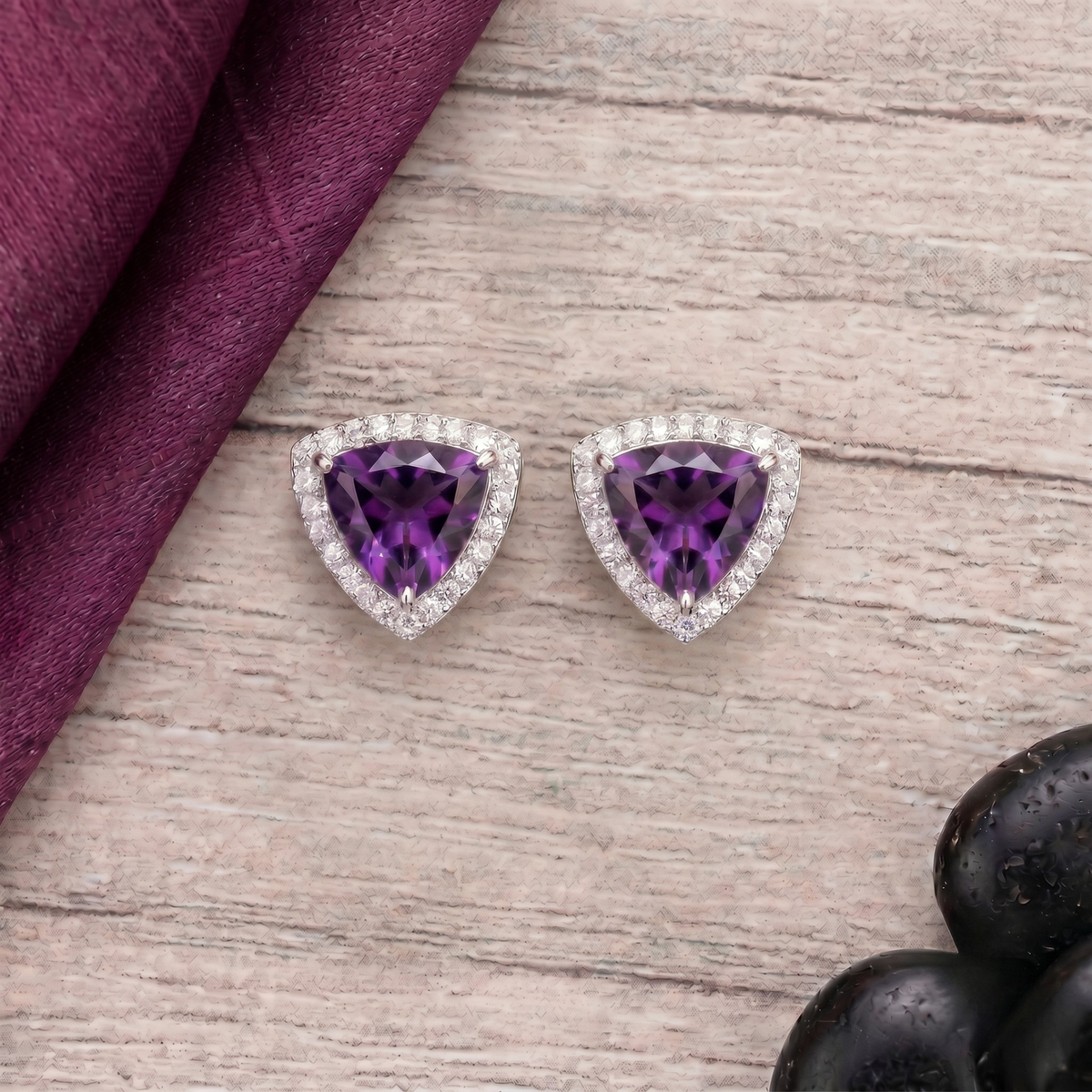 Trillion Cut Amethyst Halo Pendant Set in 925 Sterling Silver