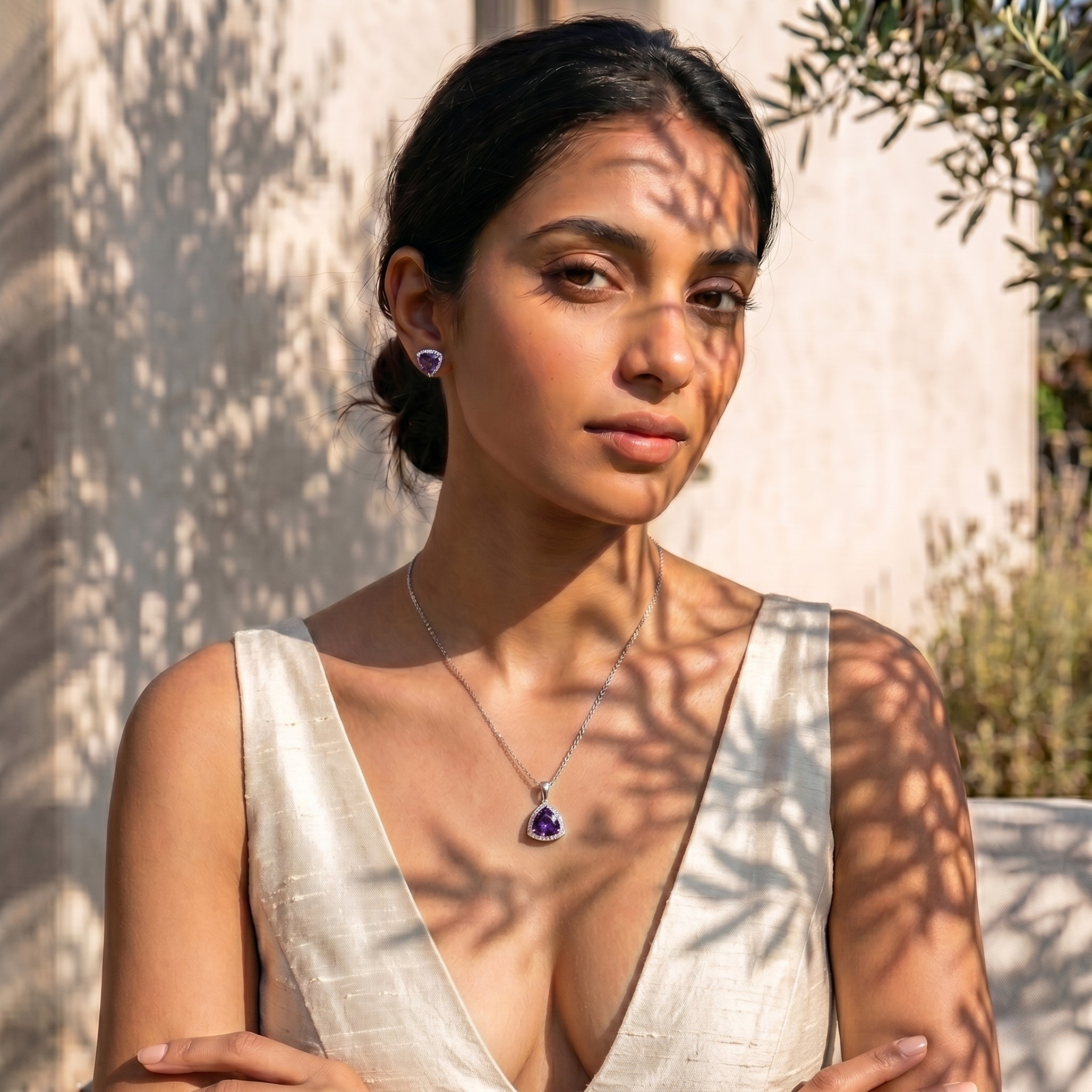 Trillion Cut Amethyst Halo Pendant Set in 925 Sterling Silver