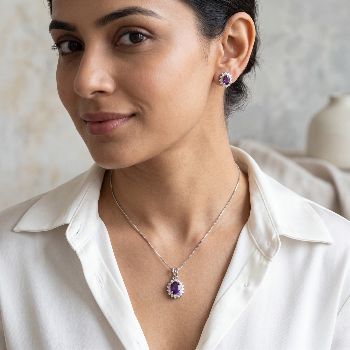 Oval Amethyst Halo Pendant Set in 925 Sterling Silver