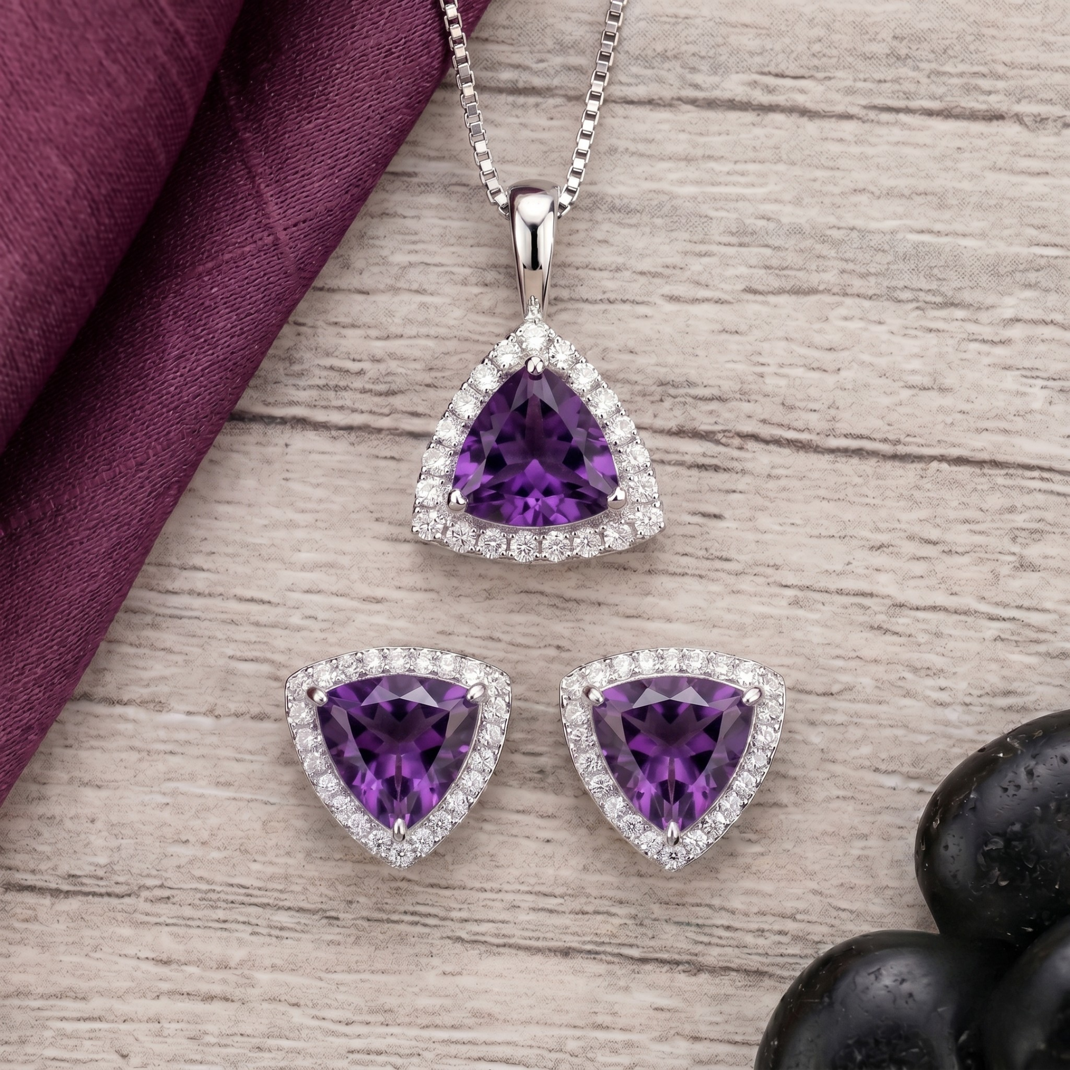 Trillion Cut Amethyst Halo Pendant Set in 925 Sterling Silver