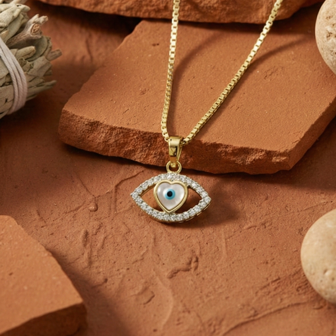 Marquise Amour Heart & Mother of Pearl Evil Eye Pendant – 925 Sterling Silver